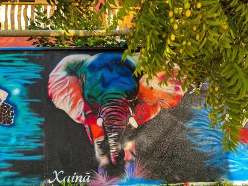 a painting of an elephant on the side of a wall at Xainã Pousada de Charme in Cumbuco