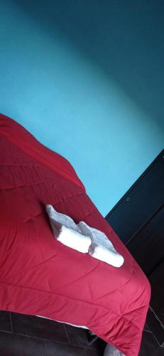 un par de calcetines blancos sobre una cama roja en The One en Tupungato