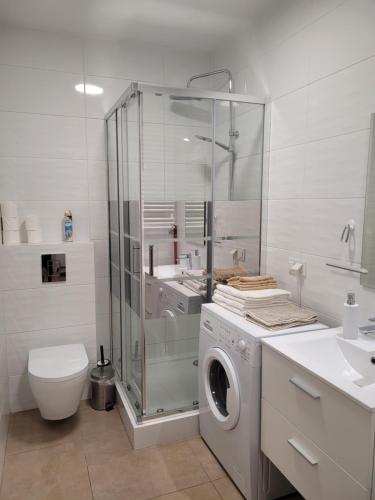 a white bathroom with a washing machine and a toilet at APARTAMENT-SADOWA in Elblag