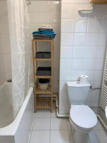 a bathroom with a toilet and a shower and a tub at Le cocon des écureuils in Font-Romeu-Odeillo-Via