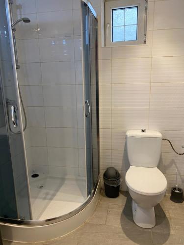 a bathroom with a toilet and a glass shower at Studio Apartment Nagykovácsi in Nagykovácsi