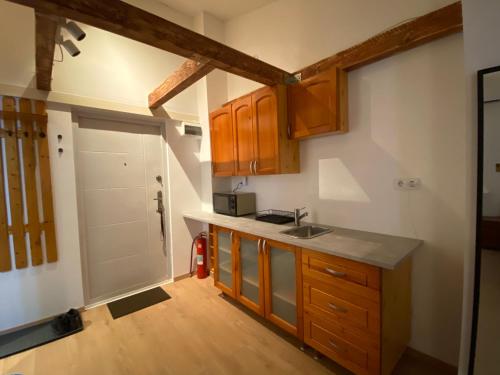 a kitchen with wooden cabinets and a counter top at Studio Apartment Nagykovácsi in Nagykovácsi