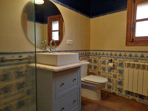 a bathroom with a sink and a toilet and a mirror at La Herrera lll in San Esteban de la Sierra