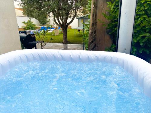 d'un bain à remous avec de l'eau bleue dans la cour. dans l'établissement Carcalove - Pool, Billard & Jacuzzi - 10pax, à Fontiès-d'Aude
