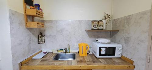 a small kitchen with a sink and a microwave at Esmeralda Apartment in Buenos Aires