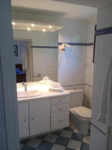 une salle de bain avec un lavabo, des toilettes et un miroir dans l'établissement Maison d'hôtes Escale d'Azur, à Gattières
