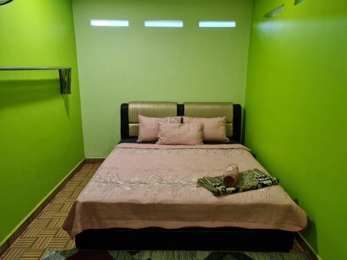 a green bedroom with a bed with pink pillows at HOMESTAY EPOH MANJOI WITH PRIVATE POOL AND JACUZZI in Ipoh
