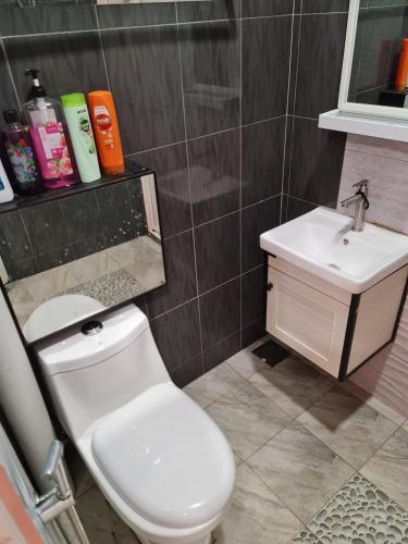 a bathroom with a white toilet and a sink at HOMESTAY EPOH MANJOI WITH PRIVATE POOL AND JACUZZI in Ipoh