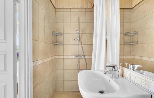 a bathroom with a sink and a shower at Cozy Home In Tranekær With Kitchen in Tranekær