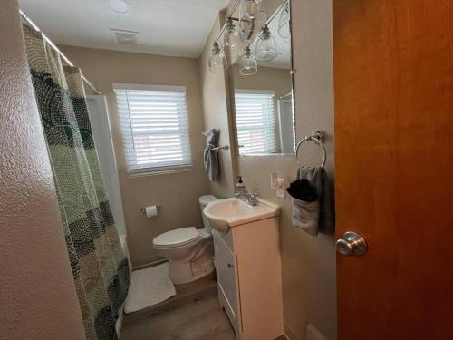a bathroom with a toilet and a sink and a shower at Snug, neighborly home perfect for your small group in Billings