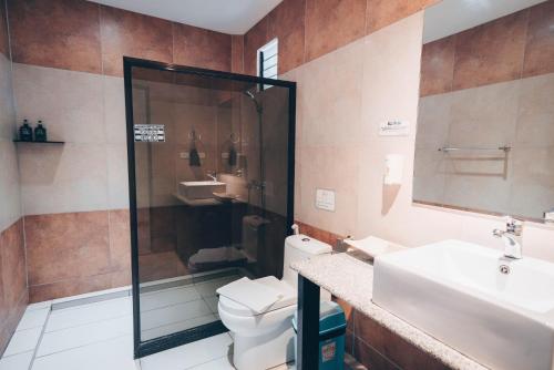 a bathroom with a shower and a toilet and a sink at Alona Northland Resort in Panglao Island