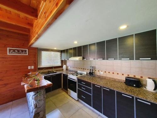 a kitchen with black cabinets and marble counter tops at Encanto del Rio in Villa La Angostura