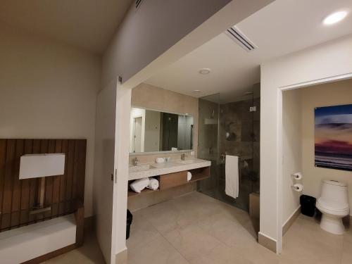 a bathroom with a sink and a toilet and a mirror at Villa con jacuzzi privado en Descanso in Primo Tapia