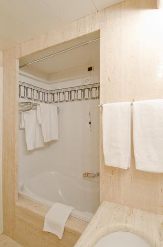 a bathroom with a tub and a mirror and towels at Grande Albergo Roma in Piacenza