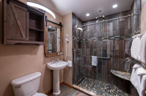 een badkamer met een douche, een toilet en een wastafel bij Premium Unit 1108 - One Bedroom - Zephyr Mountain Lodge condo in Winter Park