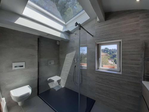 a bathroom with a shower and a toilet and a window at Maison Rayol-Canadel-sur-Mer, 5 pièces, 9 personnes - FR-1-308-142 in Rayol-Canadel-sur-Mer
