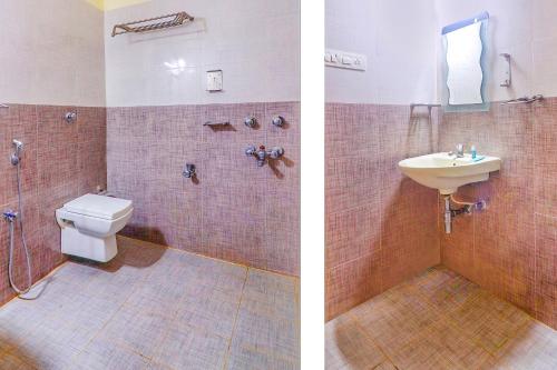 two pictures of a bathroom with a toilet and a sink at FabHotel Keerthi's Anupama - Nr Indira Gandhi Stadium in Vijayawāda