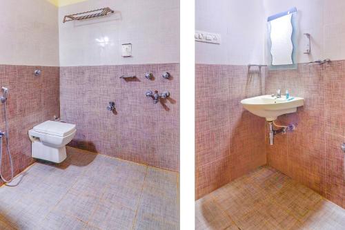 two pictures of a bathroom with a toilet and a sink at FabHotel Keerthi's Anupama - Nr Indira Gandhi Stadium in Vijayawāda