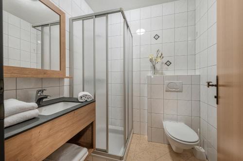 a bathroom with a shower and a toilet and a sink at Jugendgästehaus Gruber in Grossarl