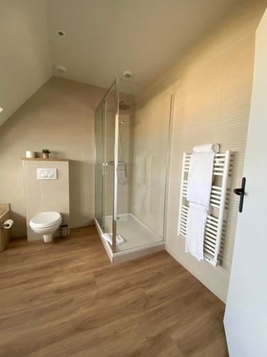 a bathroom with a shower and a toilet at L'Huitrière in Quiberville