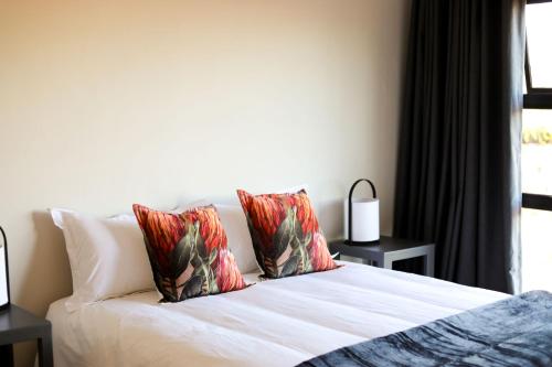 a bedroom with a bed with two pillows and a window at STEYNMOND COTTAGE in Kakamas