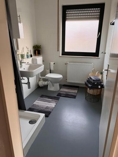 een badkamer met een wastafel, een toilet en een raam bij Ferienwohnung in TOP Lage von Aalen in Aalen