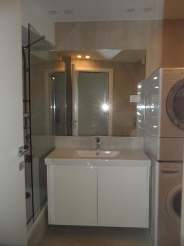 a bathroom with a sink and a washing machine at Erkel Rooftop Suites in Budapest