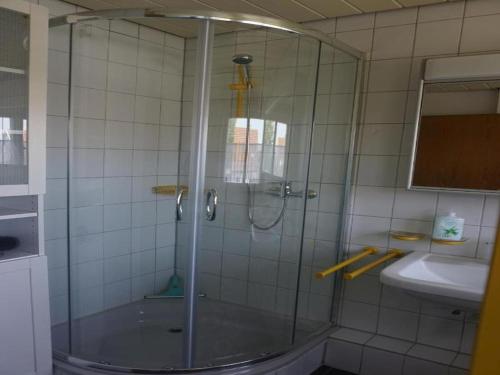 una ducha con una puerta de cristal junto a un lavabo en Ferienwohnung Kirsch-Kern, en Mössingen