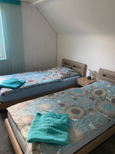 two twin beds in a room with at gemütliches Ferienhaus in Spremberg