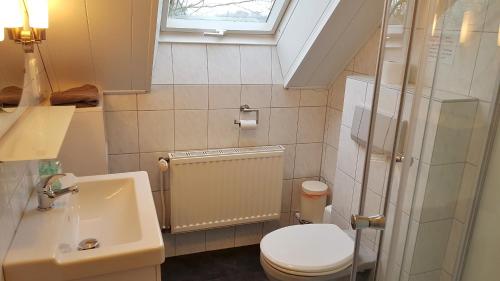 a small bathroom with a toilet and a sink at Haus NordGlück in Butjadingen