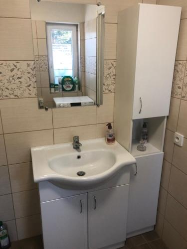 uma casa de banho com um lavatório branco e um espelho. em Chata nad potokem em Belá pod Pradedem