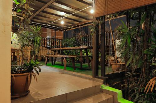 una habitación llena de muchas plantas y un banco en Rain Forest Hotel, en Kuala Lumpur