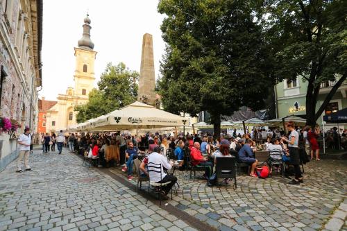 a crowd of people sitting at tables in a street at Piata Muzeului 1 in Cluj-Napoca