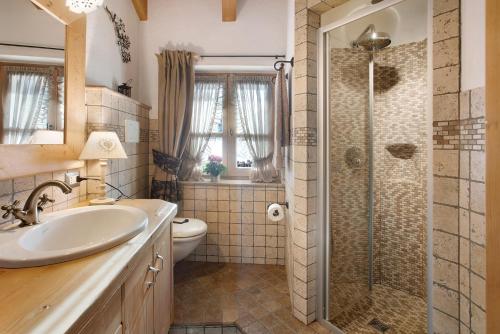 a bathroom with a shower and a sink and a toilet at Chalet Ralon in Valdisotto