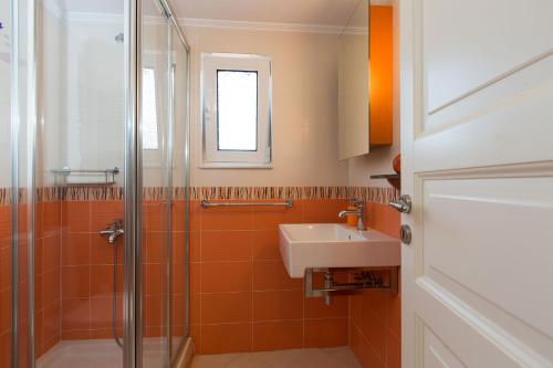 a bathroom with a sink and a shower at Villa Kleanthi in Ambelákion