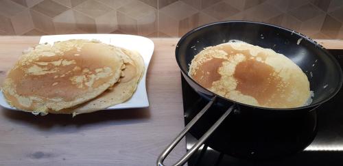 a frying pan sitting next to a plate of food at AppPrusnik in Ljubljana
