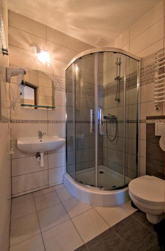 a bathroom with a shower and a sink and a toilet at POKOJE BUCKI in Bukowina Tatrzańska