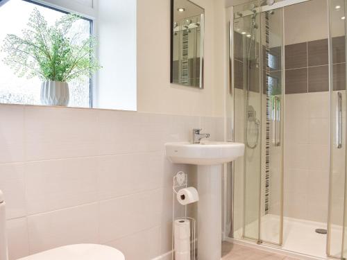 a bathroom with a toilet and a sink and a shower at High Dale Cottage in Bellerby