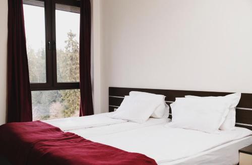 two beds in a room with a window at Borovets Green Hotel in Borovets