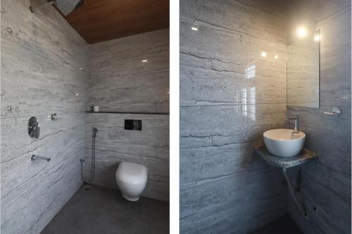 two pictures of a bathroom with a sink and a toilet at FabExpress Ganpati 2 - Nr Siliguri Junction in Siliguri