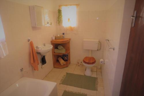 a small bathroom with a toilet and a sink at Otters' Haunt Eco Retreat in Parys