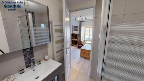 a bathroom with a shower and a white sink at Le Chalet des Eulets in Bourg-Saint-Maurice