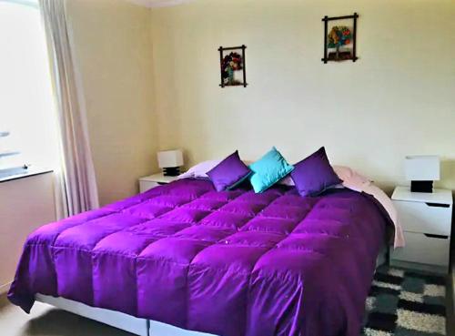 duże fioletowe łóżko z poduszkami w sypialni w obiekcie Pelluco w mieście Puerto Montt