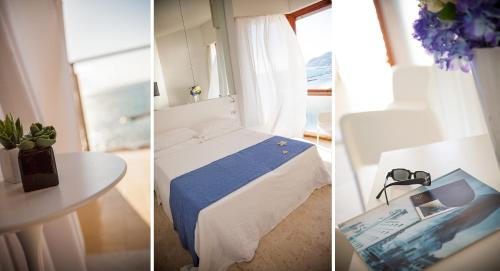 three pictures of a bedroom with a bed and a table at Hotel Caravelle Thalasso & Wellness in Diano Marina