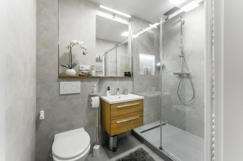 a bathroom with a shower and a toilet and a sink at Alla Prague Apartment in Prague