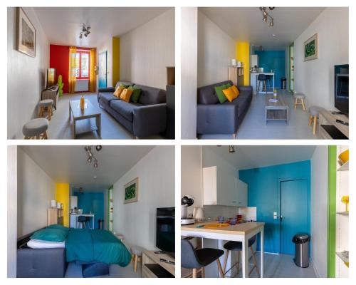- quatre vues différentes sur un salon et un salon dans l'établissement L'appart K-OULEUR- Wifi Fibre-Checkin auto- 2 pers, au Mans