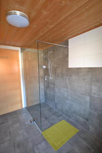 a shower with a glass door in a room at Ferienwohnung Känzeleblick in Bezau