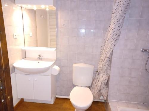 une salle de bain avec toilettes, lavabo et douche dans l'établissement Confortable studio 2* avec balcon, double exposition et parking, proche du centre de Brides-les-Bains - FR-1-512-108, à Brides-les-Bains