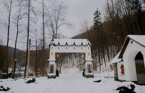 a white arch in the snow in a forest at Voevodyno Resort in Tur'ya Pasika