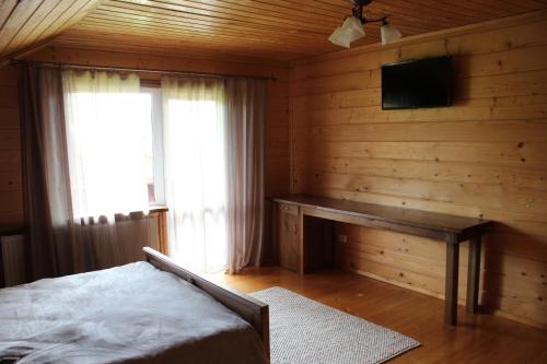 1 dormitorio con 1 cama, TV y ventana en Чорногірський Вітер en Verkhovyna